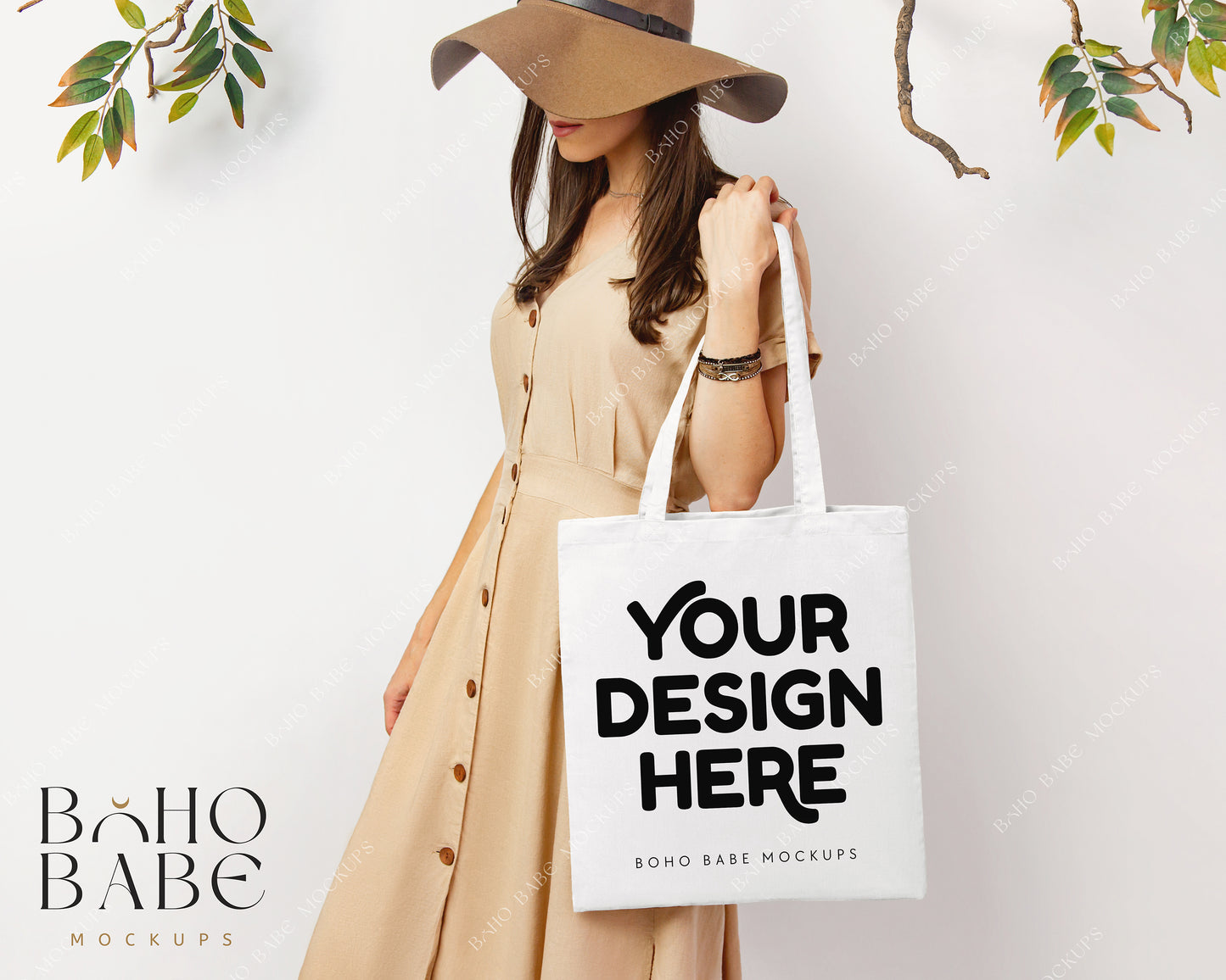 Tote Bag WHITE Mockup | Boho Babe Model Front Mockup Design