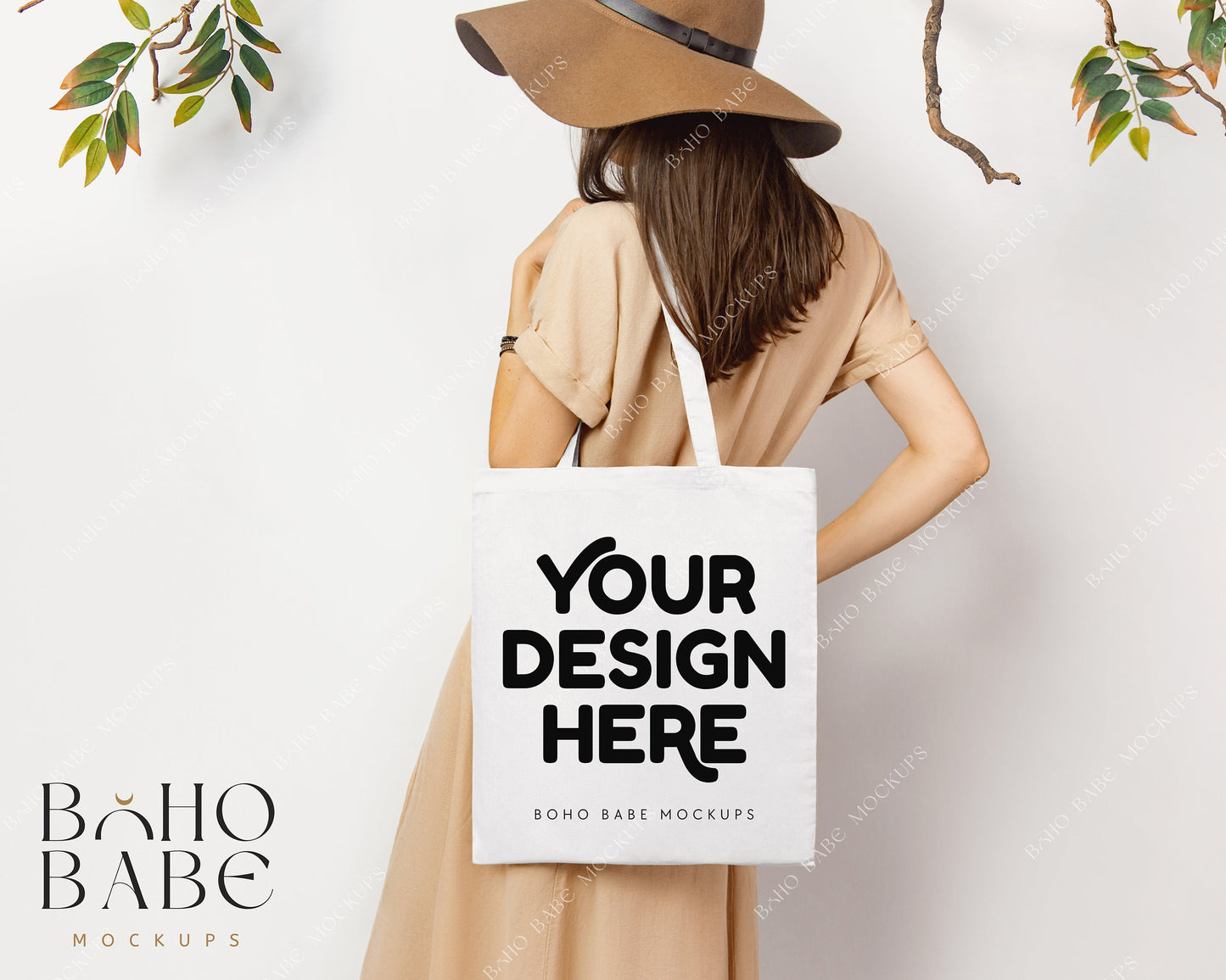 Tote Bag WHITE Mockup | Boho Babe Model Back Mockup Design